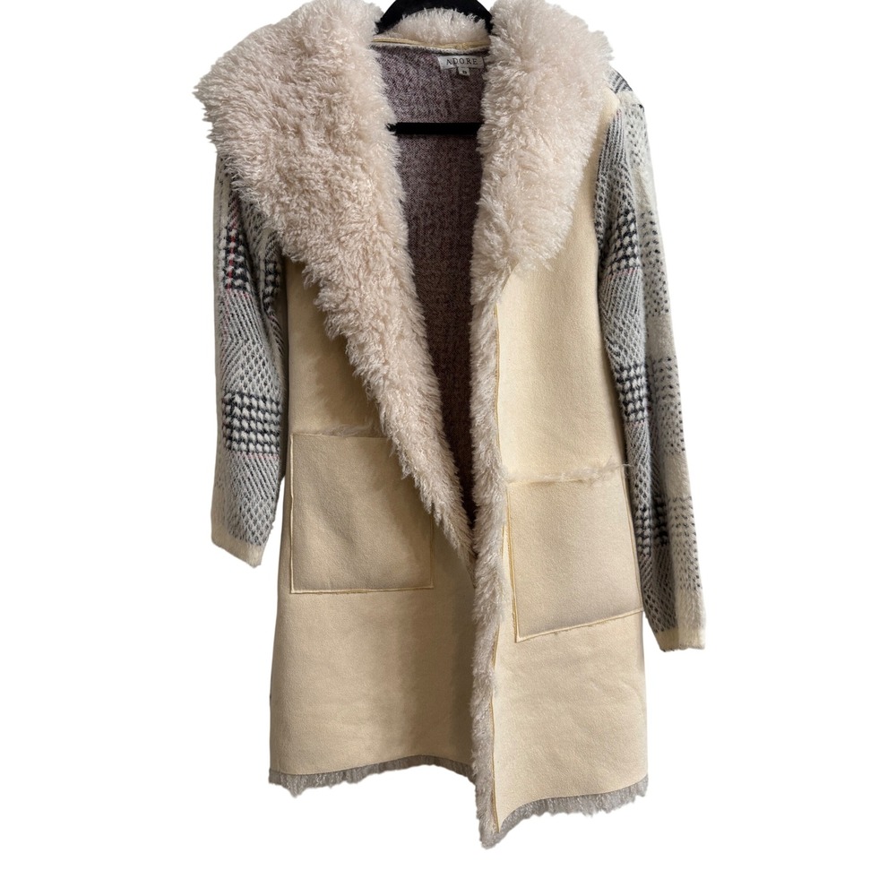 Adore Womens Plaid Faux Shearling Coatigan Long Cardigan Cream Gray